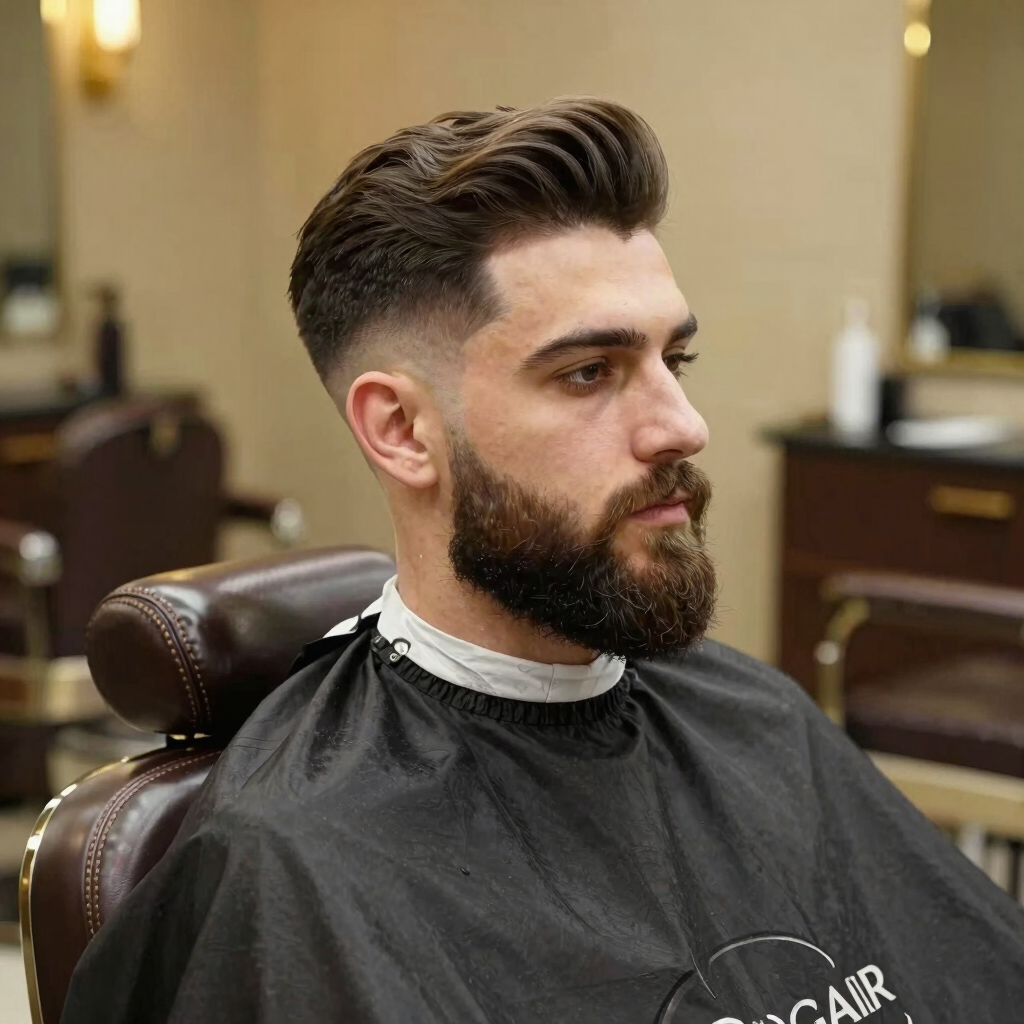 Resultado de corte de cabello y barba perfilada, visto de lado