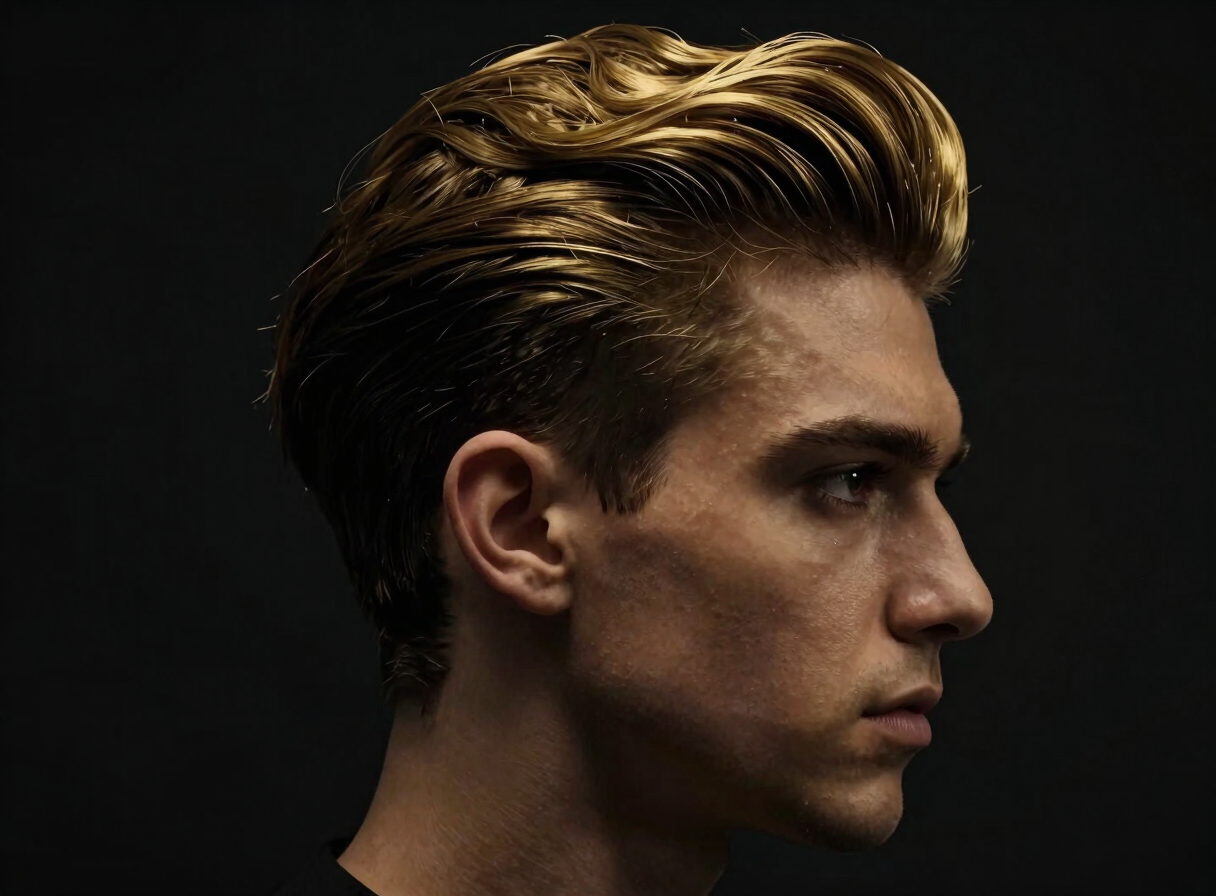 Resultado de corte clásico con cabello peinado hacia atrás, visto de perfil