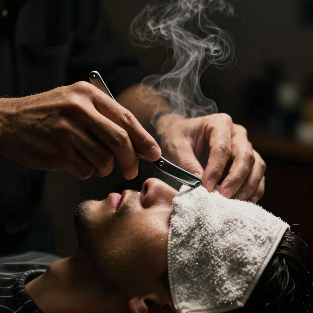 Ambiente de barbería durante un afeitado con toalla